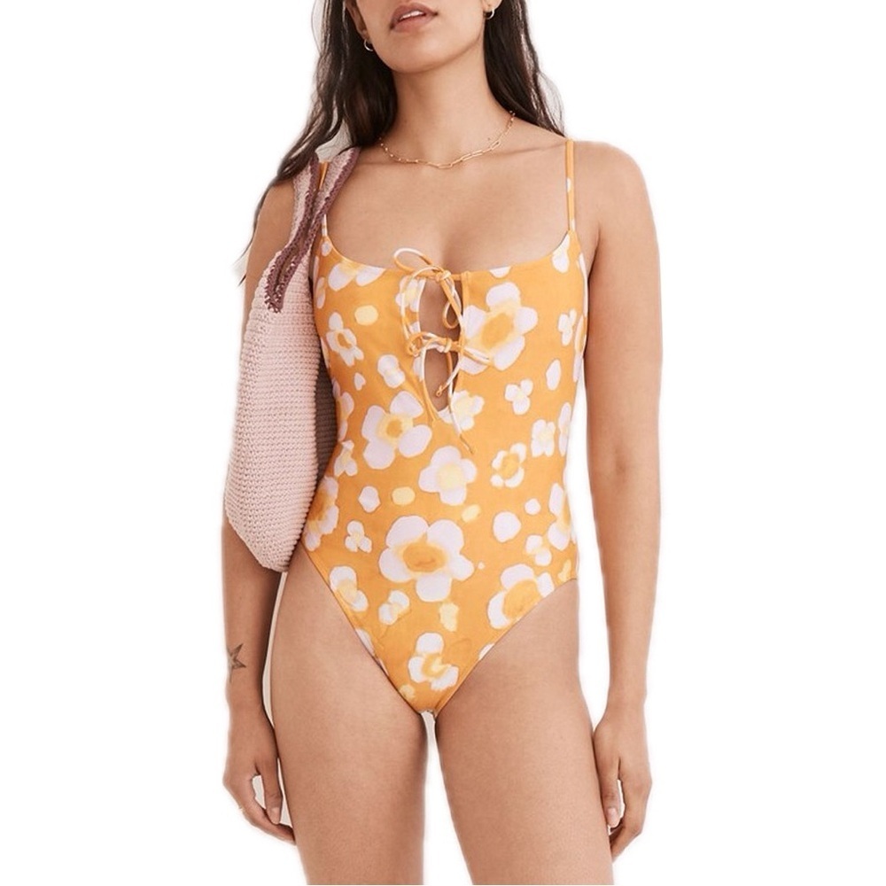 Madewell Second Wave Tie Front One Piece Swimsuit Watercolor Floral Size Small S